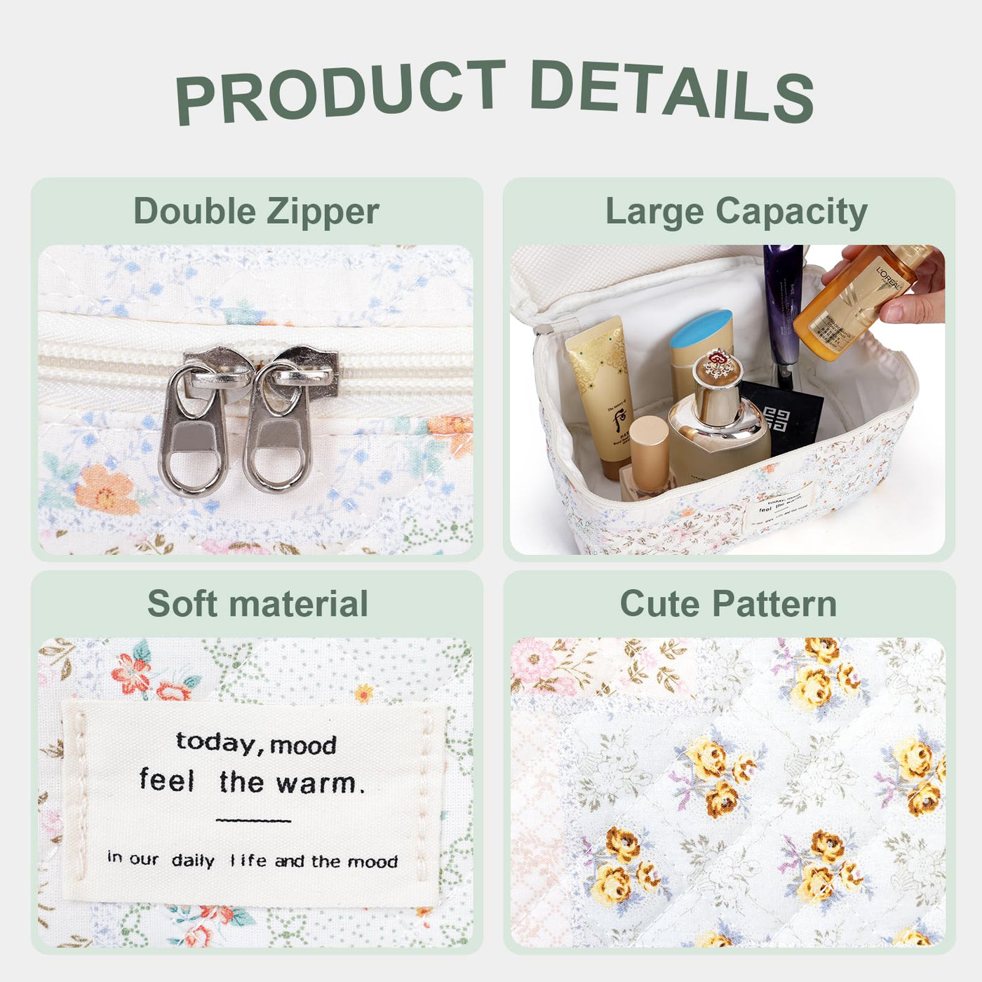 3Pcs Cotton Quilted Cosmetic Bag