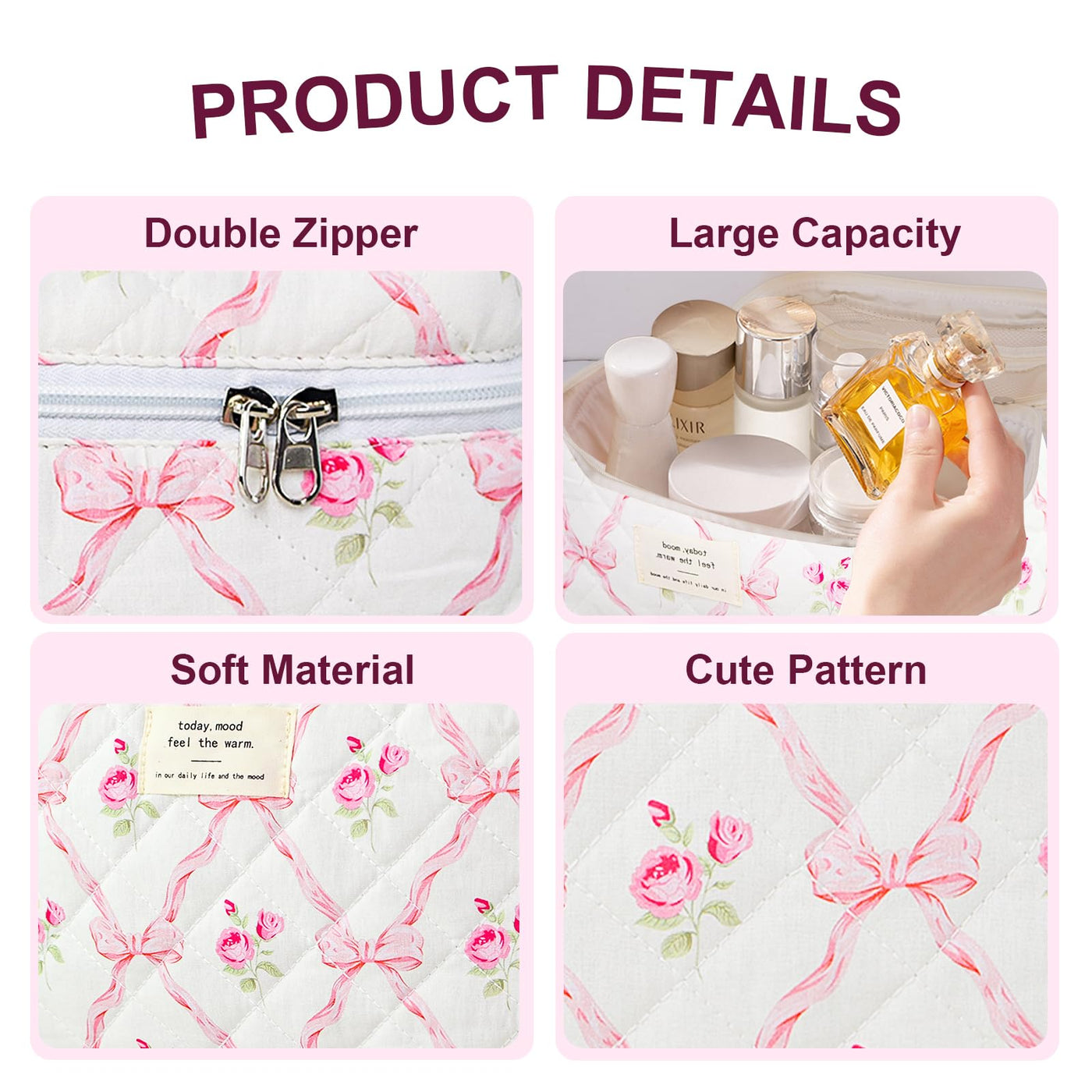 3Pcs Cotton Quilted Cosmetic Bag