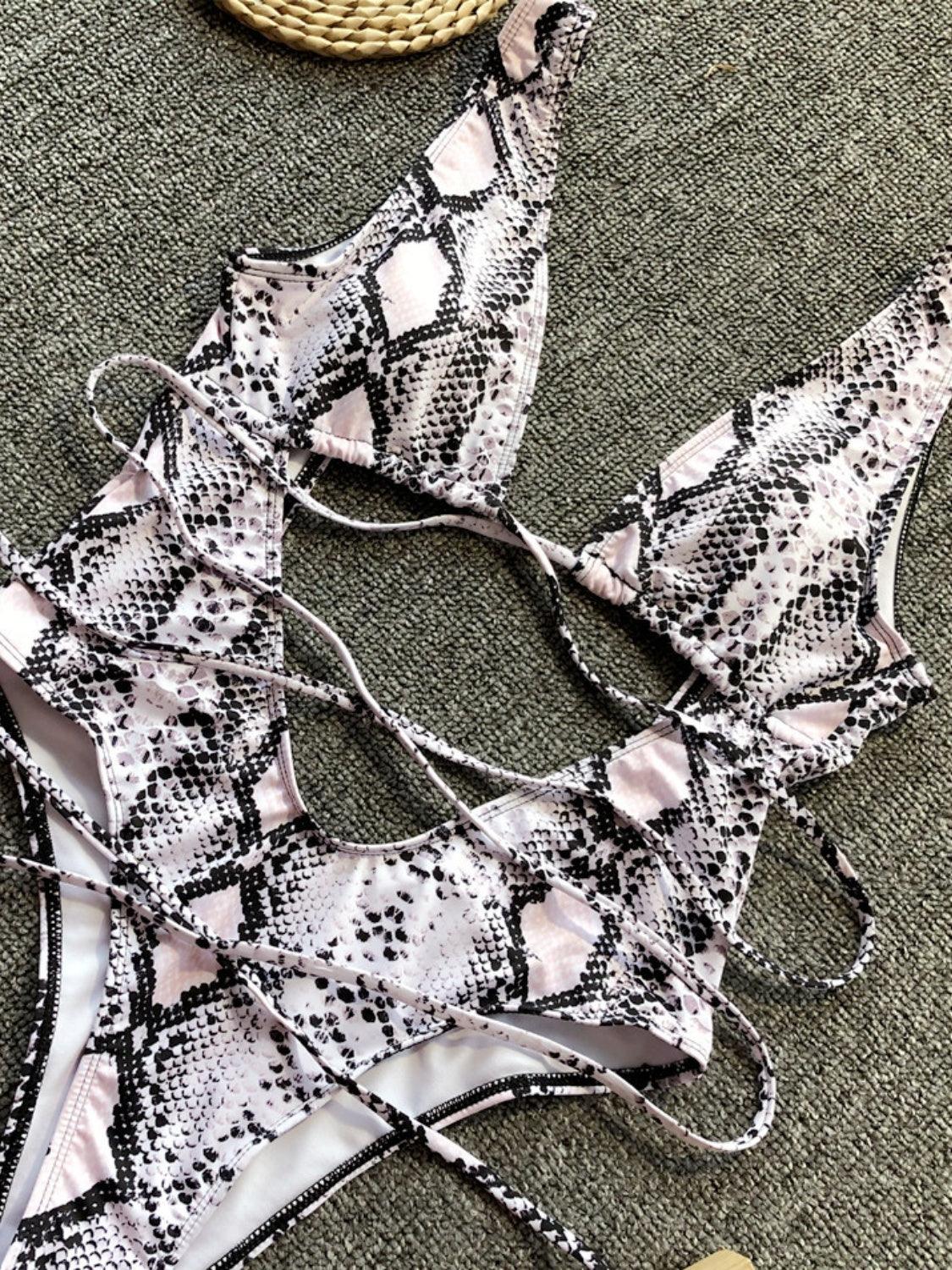 Lace-Up Backless Plunge One-Piece Swimwear - Curated by tt