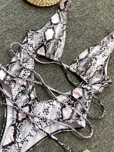 Lace-Up Backless Plunge One-Piece Swimwear - Curated by tt