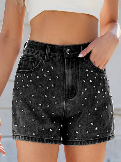 Rhinestone Washed High Waist Denim Shorts - Curated by tt