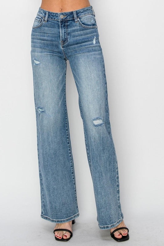 Full Size High Waist Distressed Wide Leg Jeans - Curated by tt