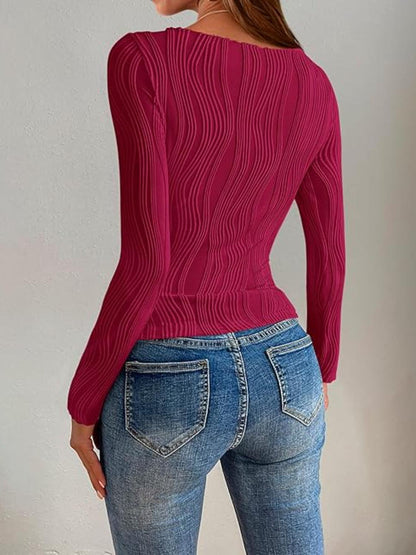 Textured Round Neck Long Sleeve Top - Curated by tt