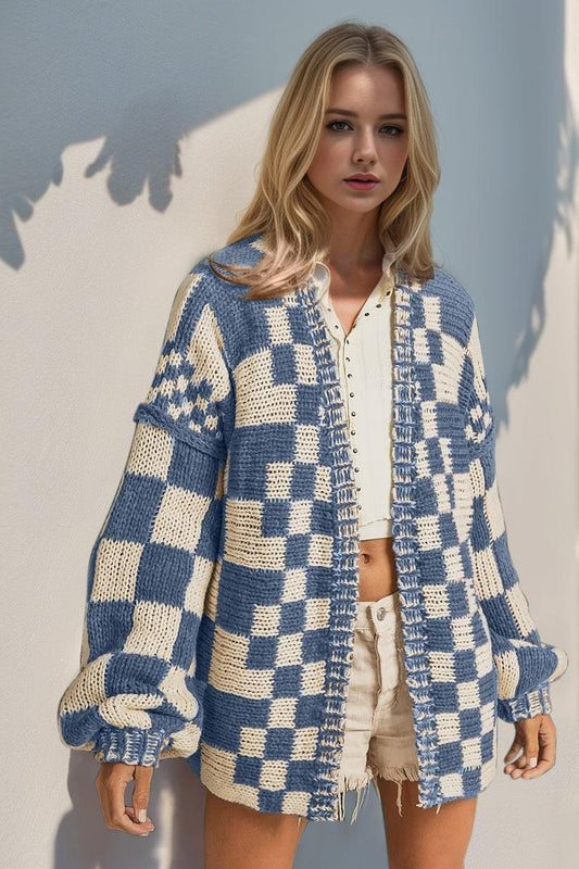Double Take Full Size Open Front Checkered Drop Shoulder Cardigan - Curated by tt