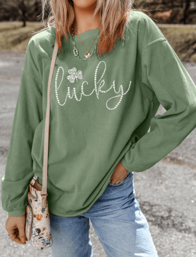 LUCKY Rhinestone Round Neck Long Sleeve Sweatshirt - Curated by tt