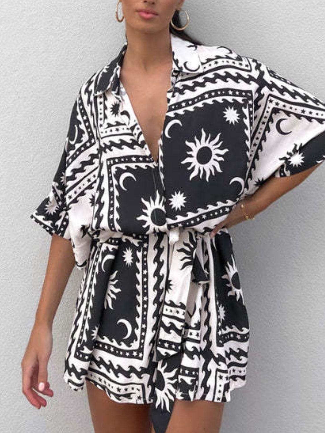 Printed Tie Waist Half Sleeve Romper - Curated by tt