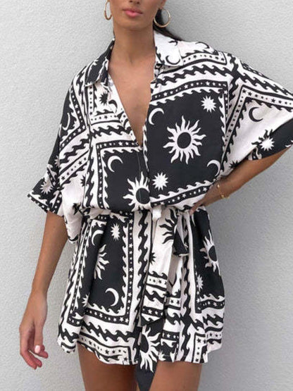 Printed Tie Waist Half Sleeve Romper - Curated by tt