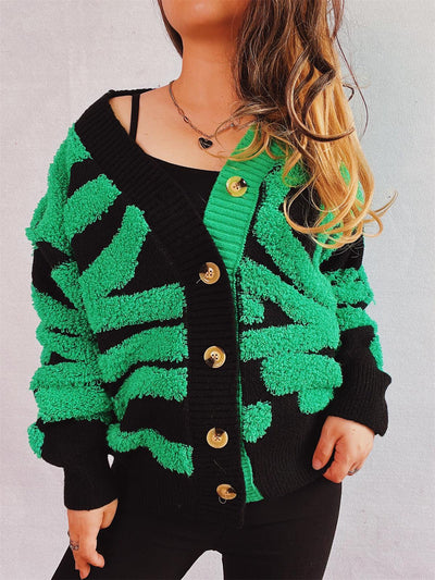 Contrast Button Up Long Sleeve Cardigan - Curated by tt