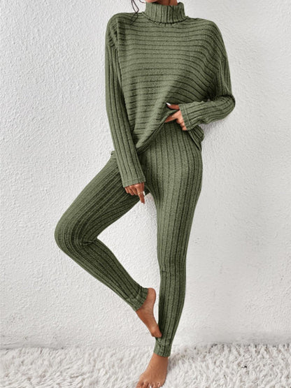 Ribbed Turtleneck Top and Pants Set - Curated by tt