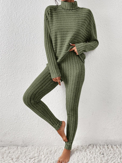 Ribbed Turtleneck Top and Pants Set - Curated by tt