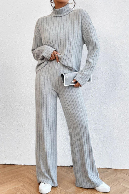 Mock Neck Dropped Shoulder Top and Pants Set - Curated by tt
