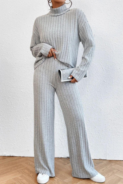 Mock Neck Dropped Shoulder Top and Pants Set - Curated by tt