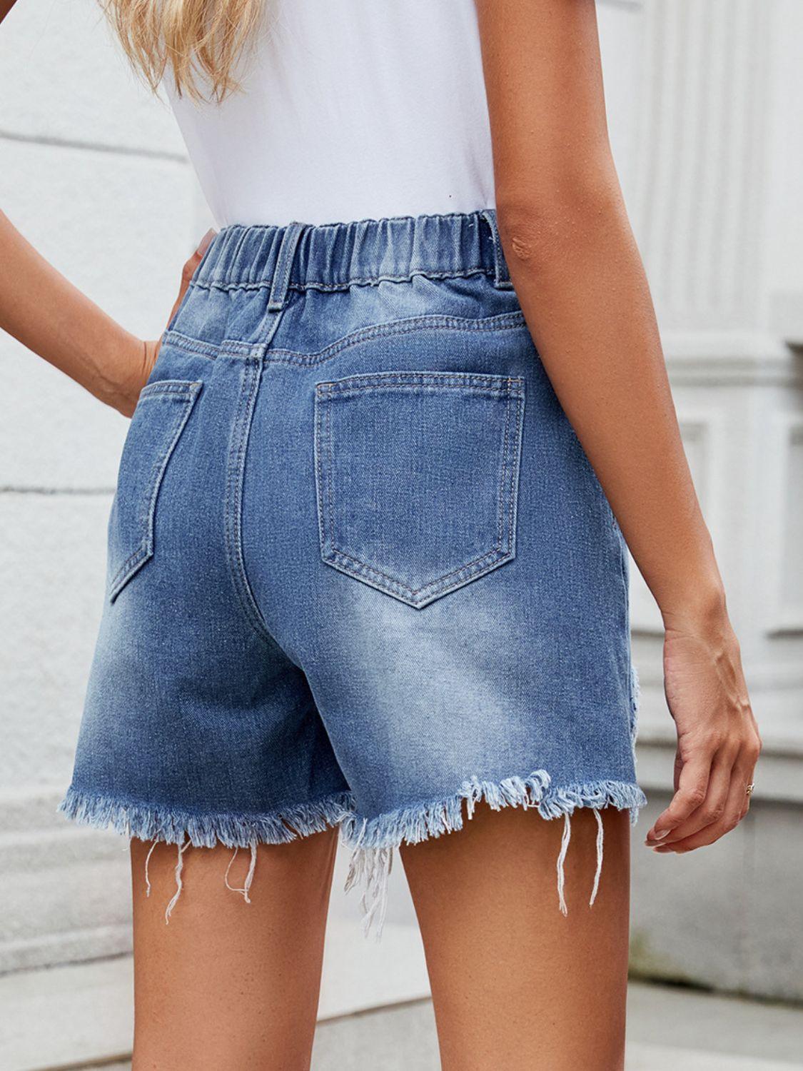 Distressed Raw Hem Asymmetrical Waist Denim Shorts - Curated by tt