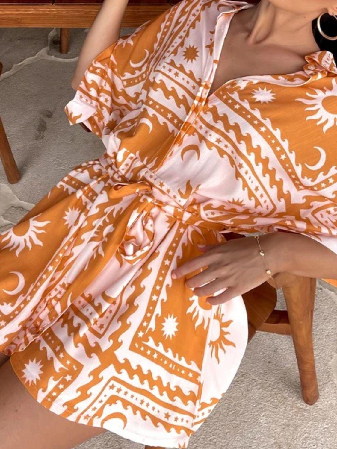 Printed Tie Waist Half Sleeve Romper - Curated by tt