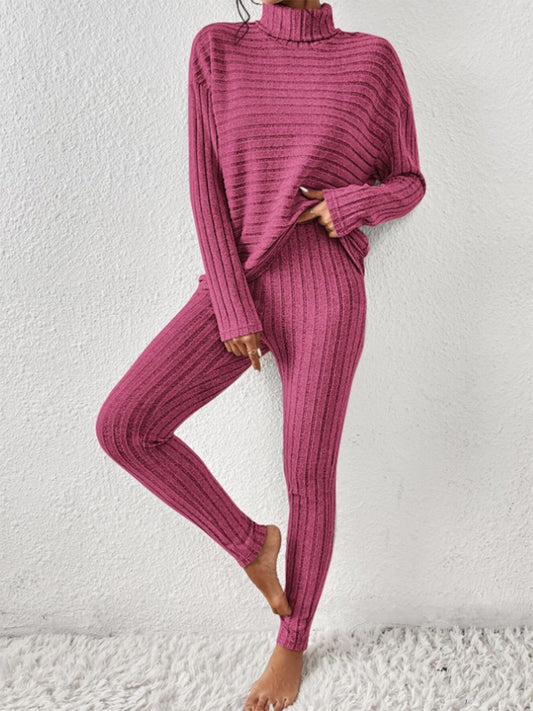 Ribbed Turtleneck Top and Pants Set - Curated by tt
