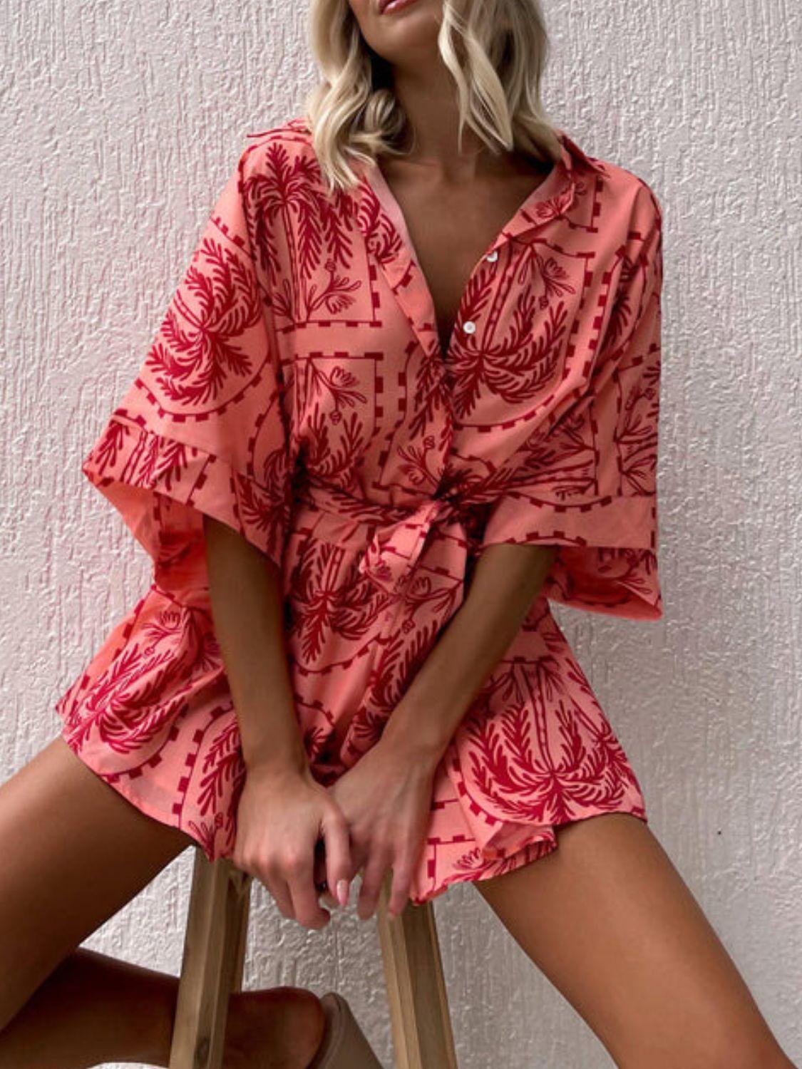 Printed Tie Waist Half Sleeve Romper - Curated by tt