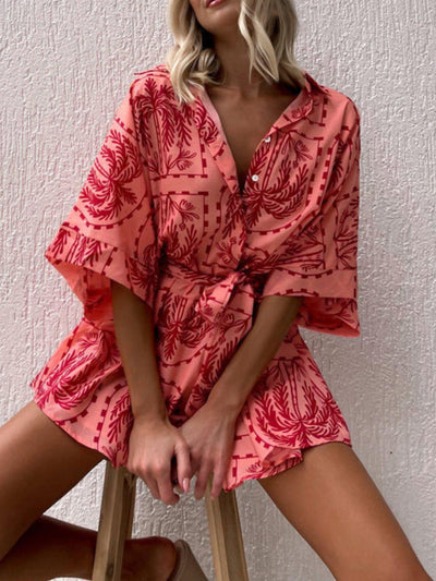 Printed Tie Waist Half Sleeve Romper - Curated by tt