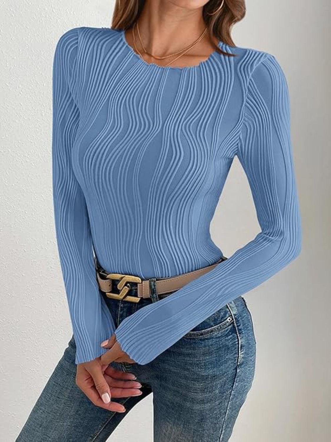 Textured Round Neck Long Sleeve Top - Curated by tt