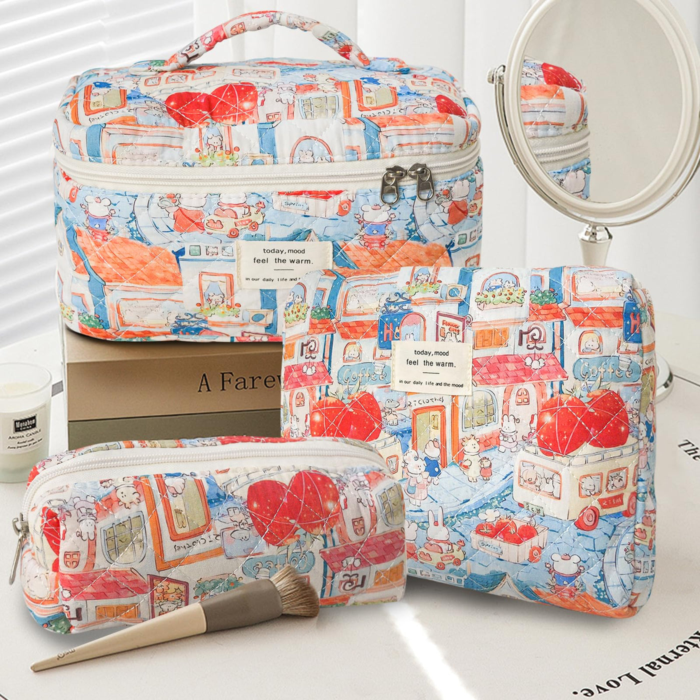 3Pcs Cotton Quilted Cosmetic Bag