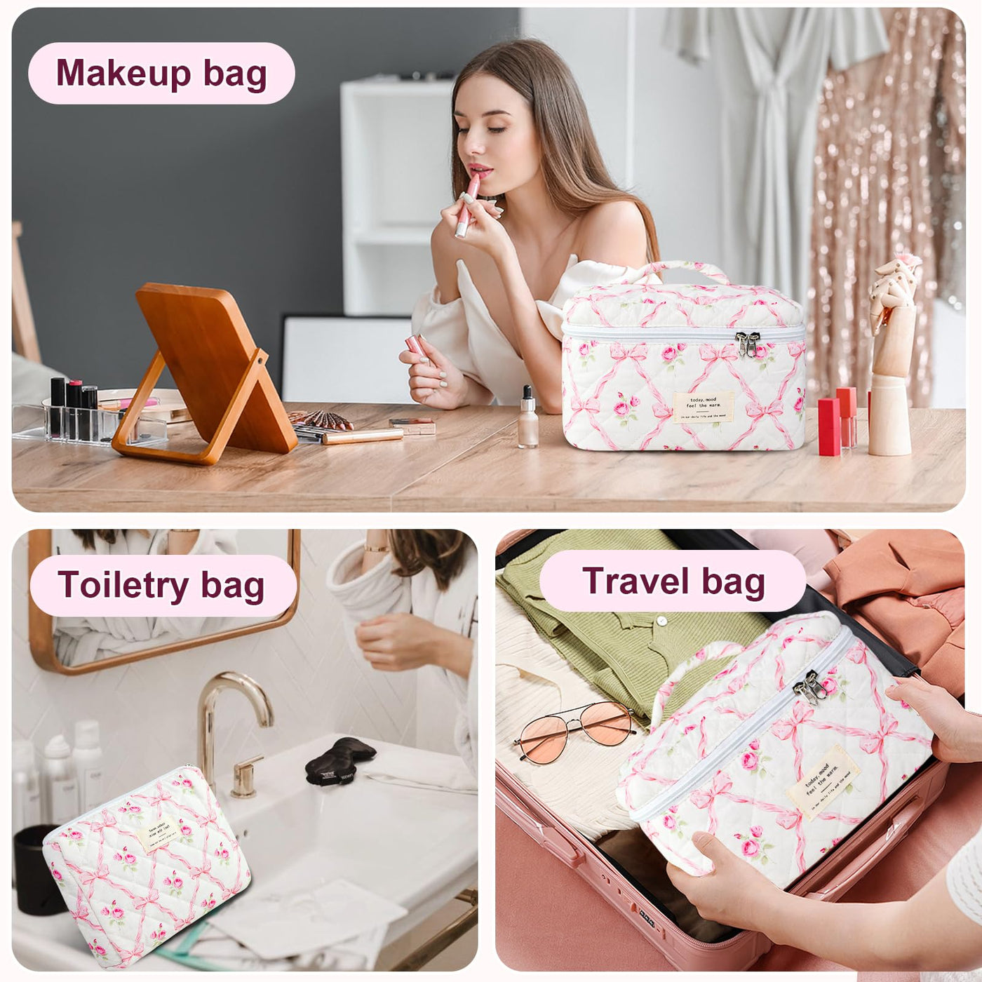 3Pcs Cotton Quilted Cosmetic Bag