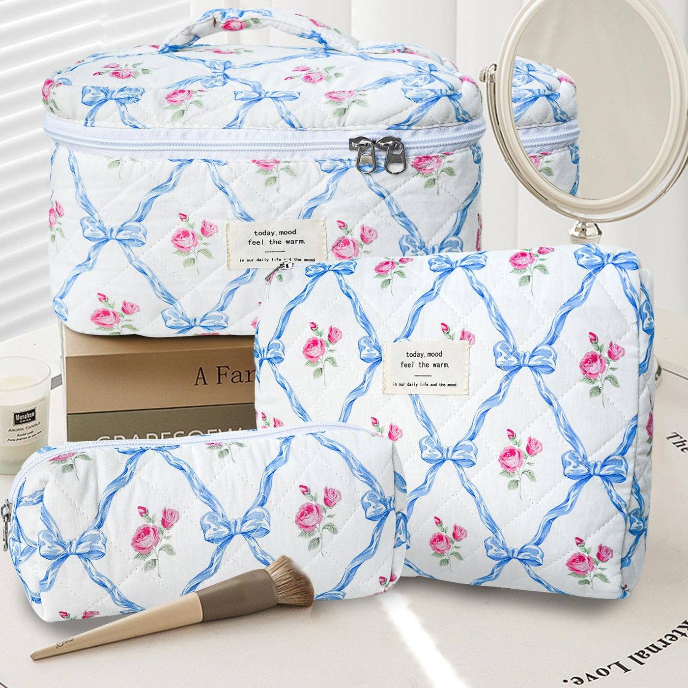 3Pcs Cotton Quilted Cosmetic Bag