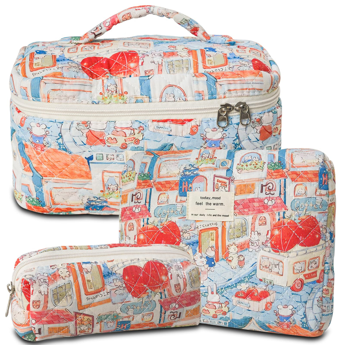 3Pcs Cotton Quilted Cosmetic Bag