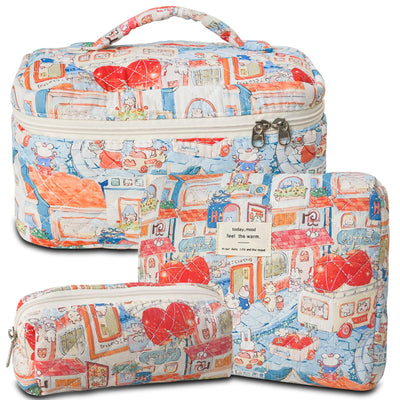 3Pcs Cotton Quilted Cosmetic Bag