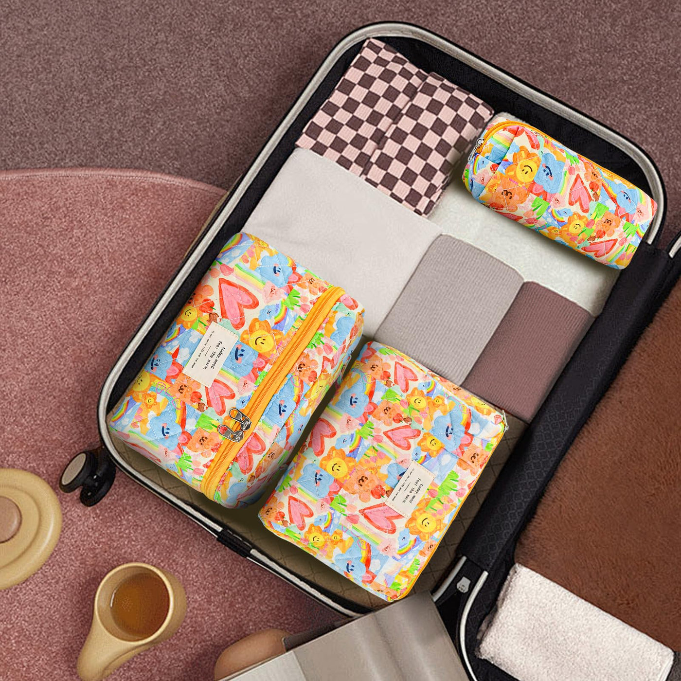 3Pcs Cotton Quilted Cosmetic Bag