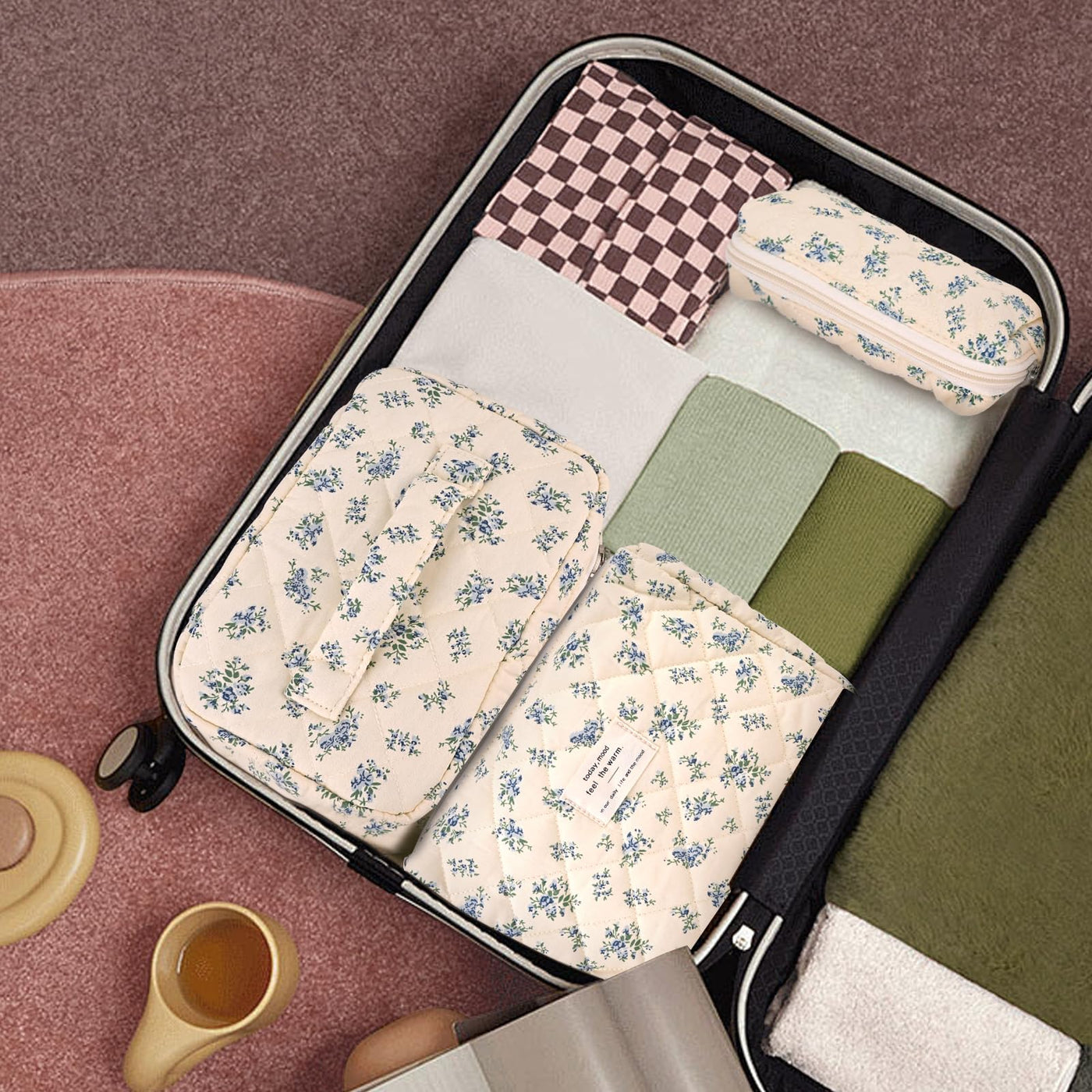 3Pcs Cotton Quilted Cosmetic Bag