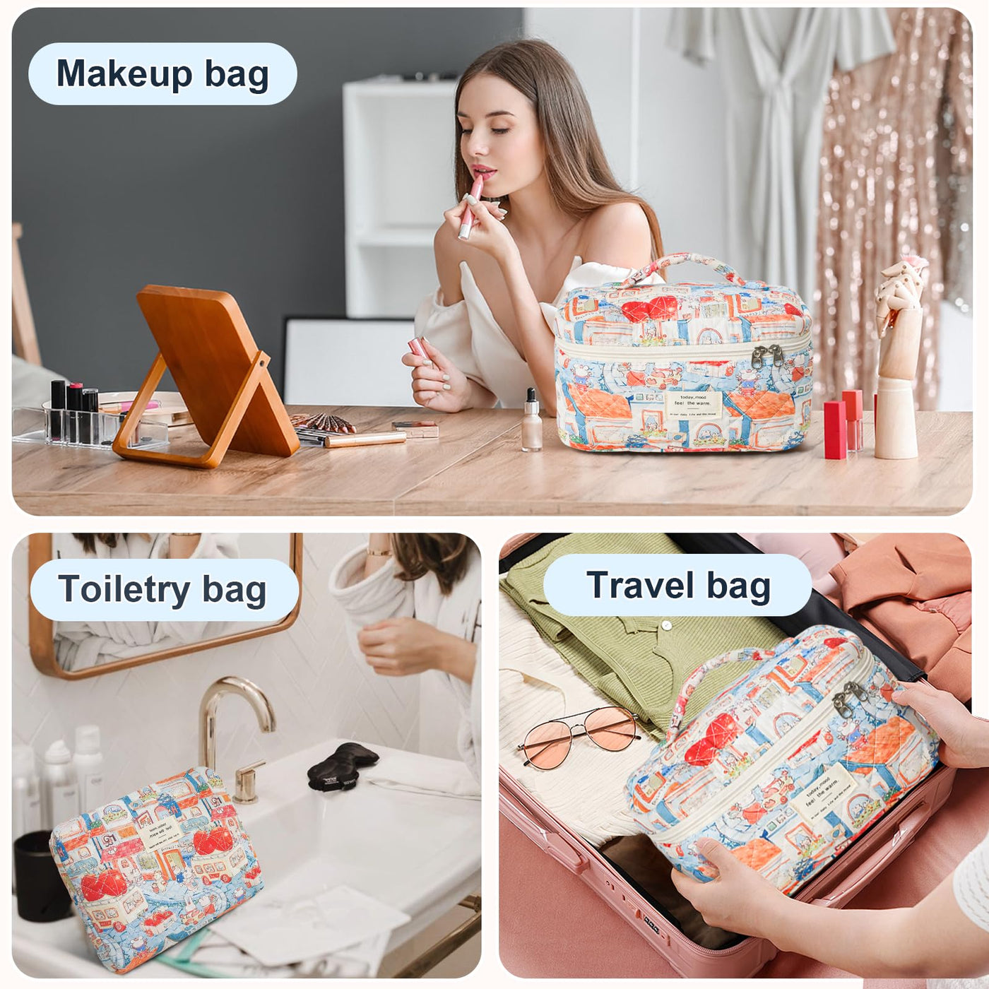 3Pcs Cotton Quilted Cosmetic Bag