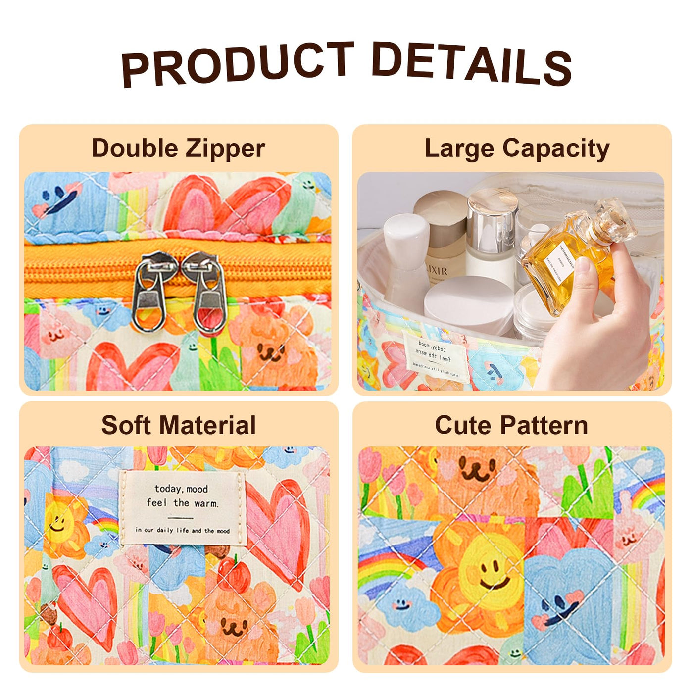 3Pcs Cotton Quilted Cosmetic Bag