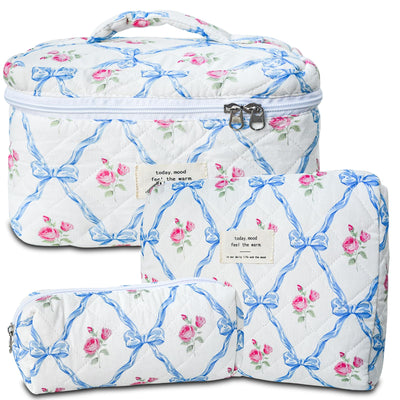 3Pcs Cotton Quilted Cosmetic Bag