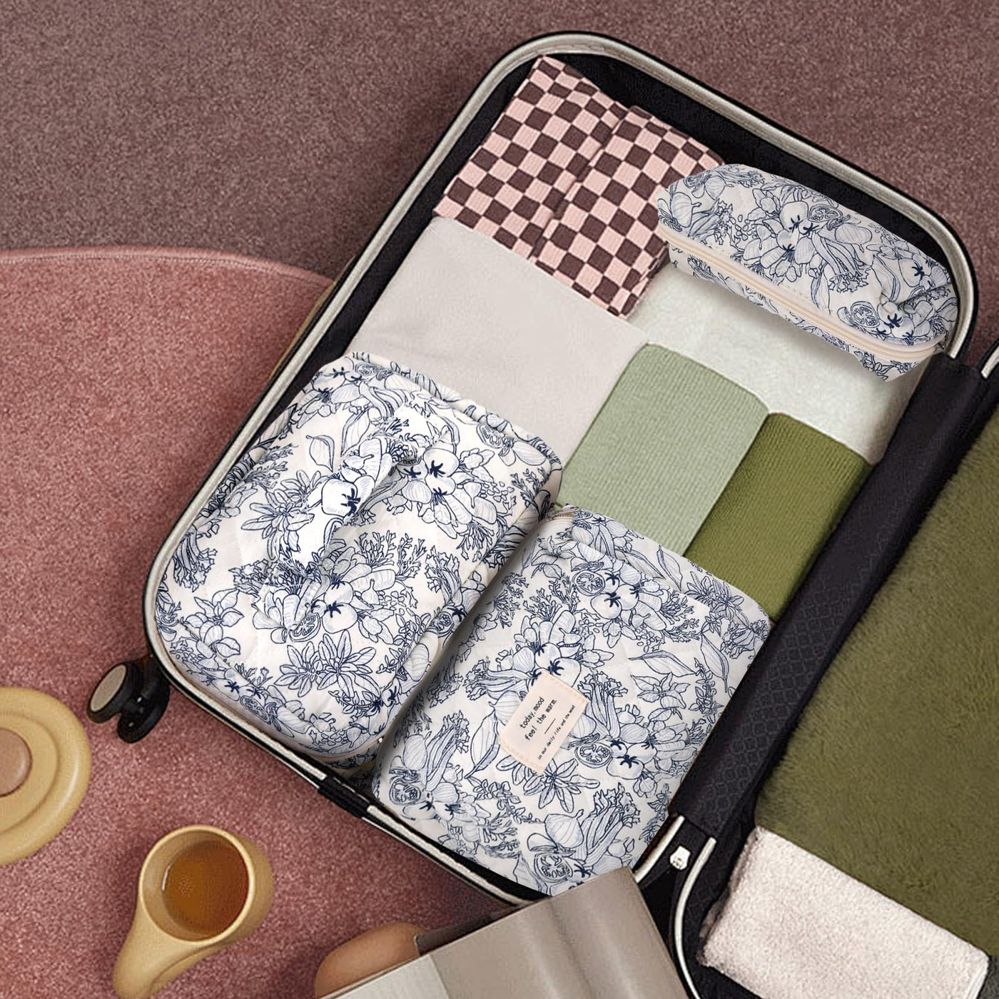 3Pcs Cotton Quilted Cosmetic Bag