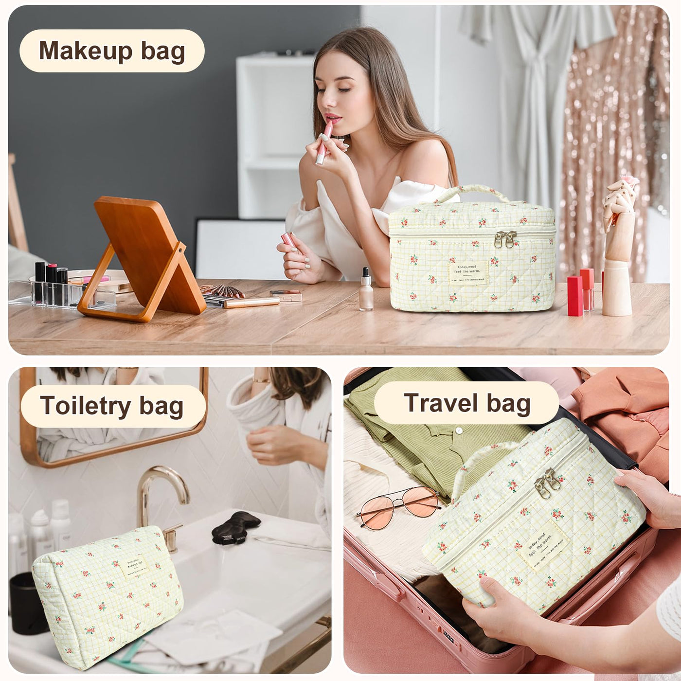 3Pcs Cotton Quilted Cosmetic Bag