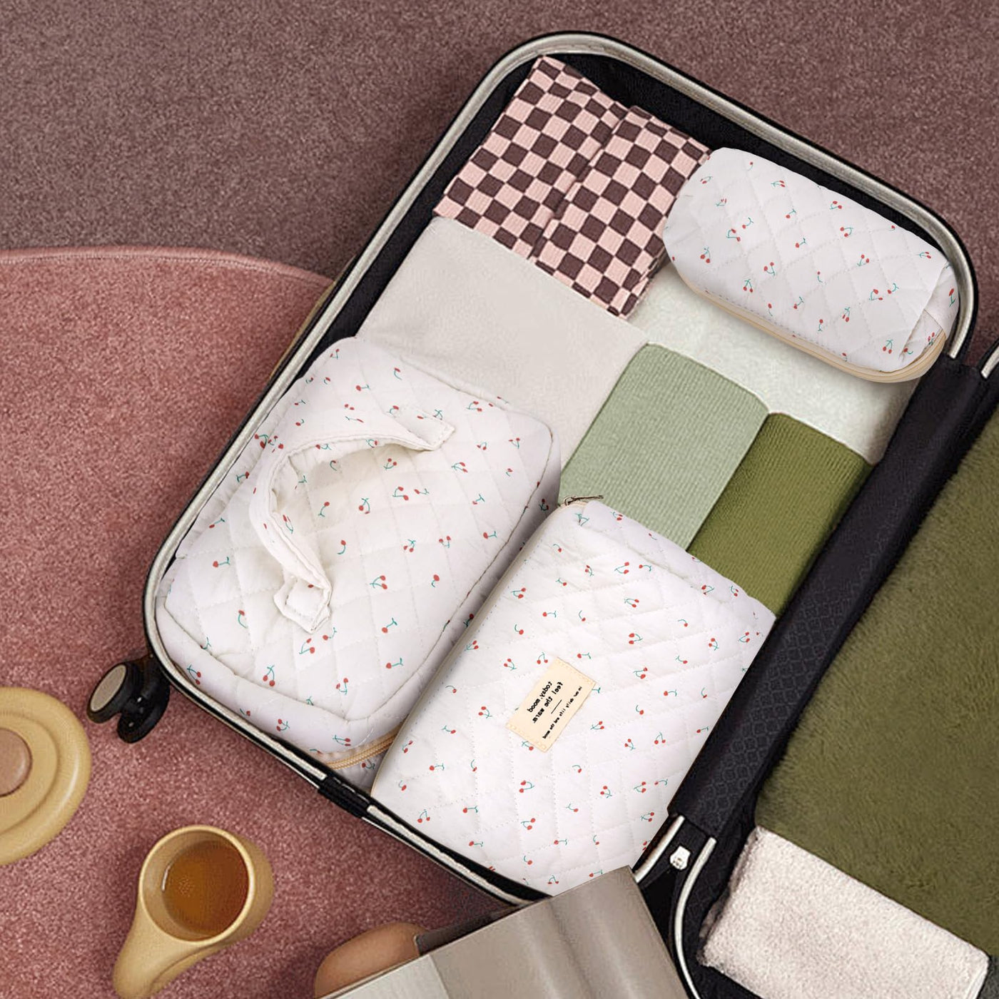3Pcs Cotton Quilted Cosmetic Bag