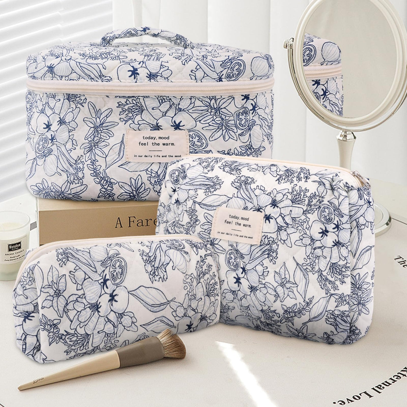 3Pcs Cotton Quilted Cosmetic Bag