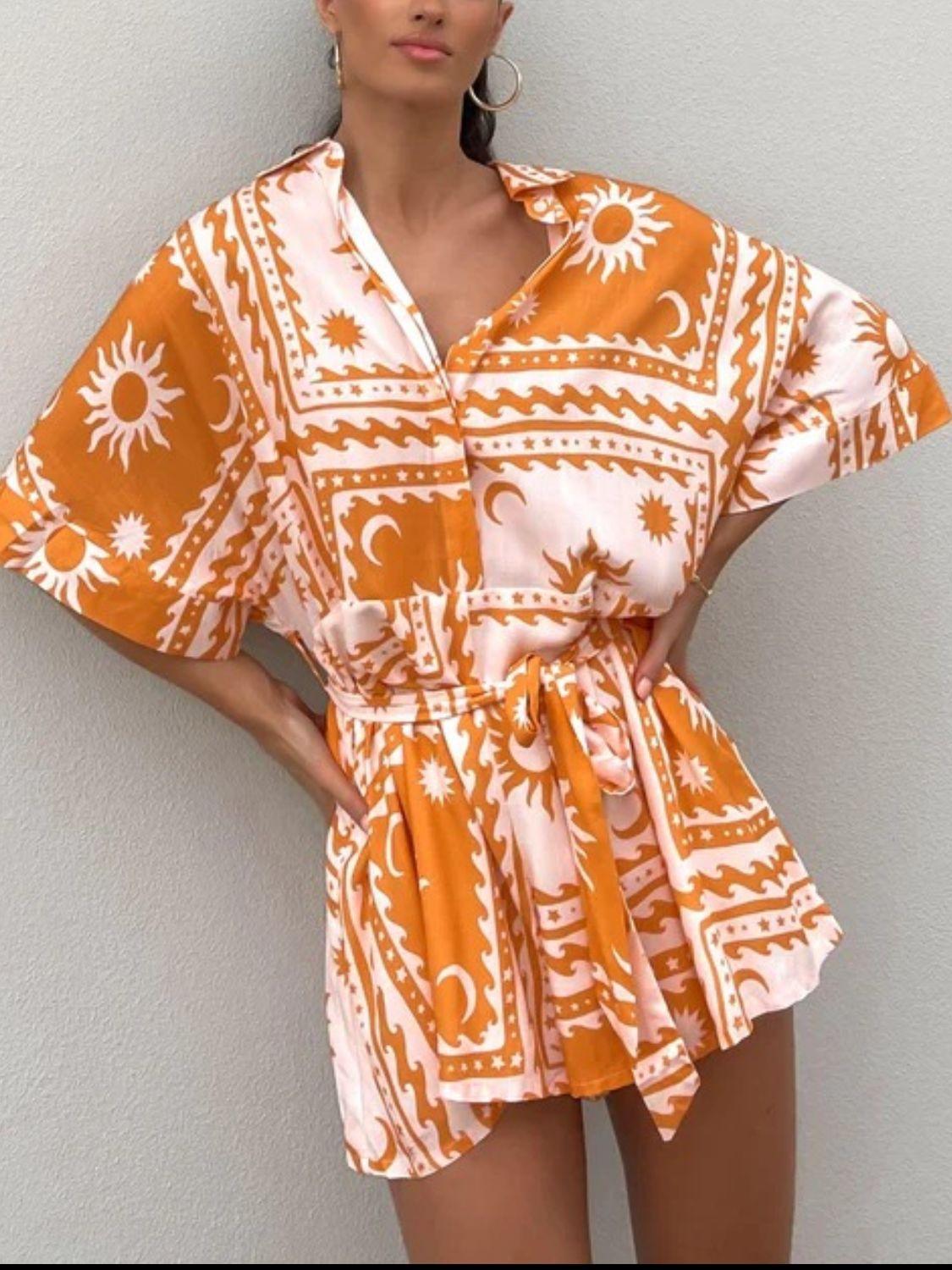 Printed Tie Waist Half Sleeve Romper - Curated by tt