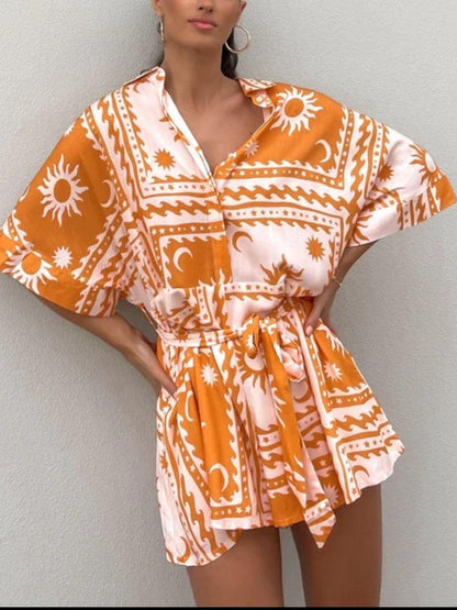 Printed Tie Waist Half Sleeve Romper - Curated by tt