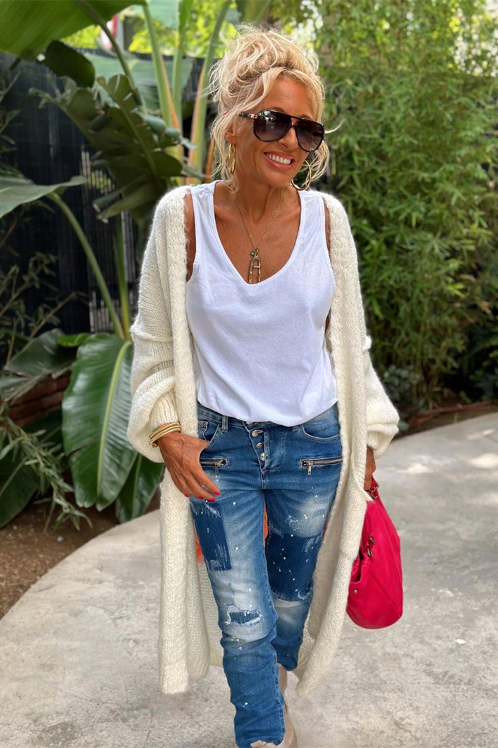 Letter Dropped Shoulder Long Sleeve Cardigan - Curated by tt