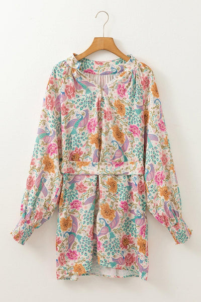 Printed Notched Lantern Sleeve Dress - Curated by tt