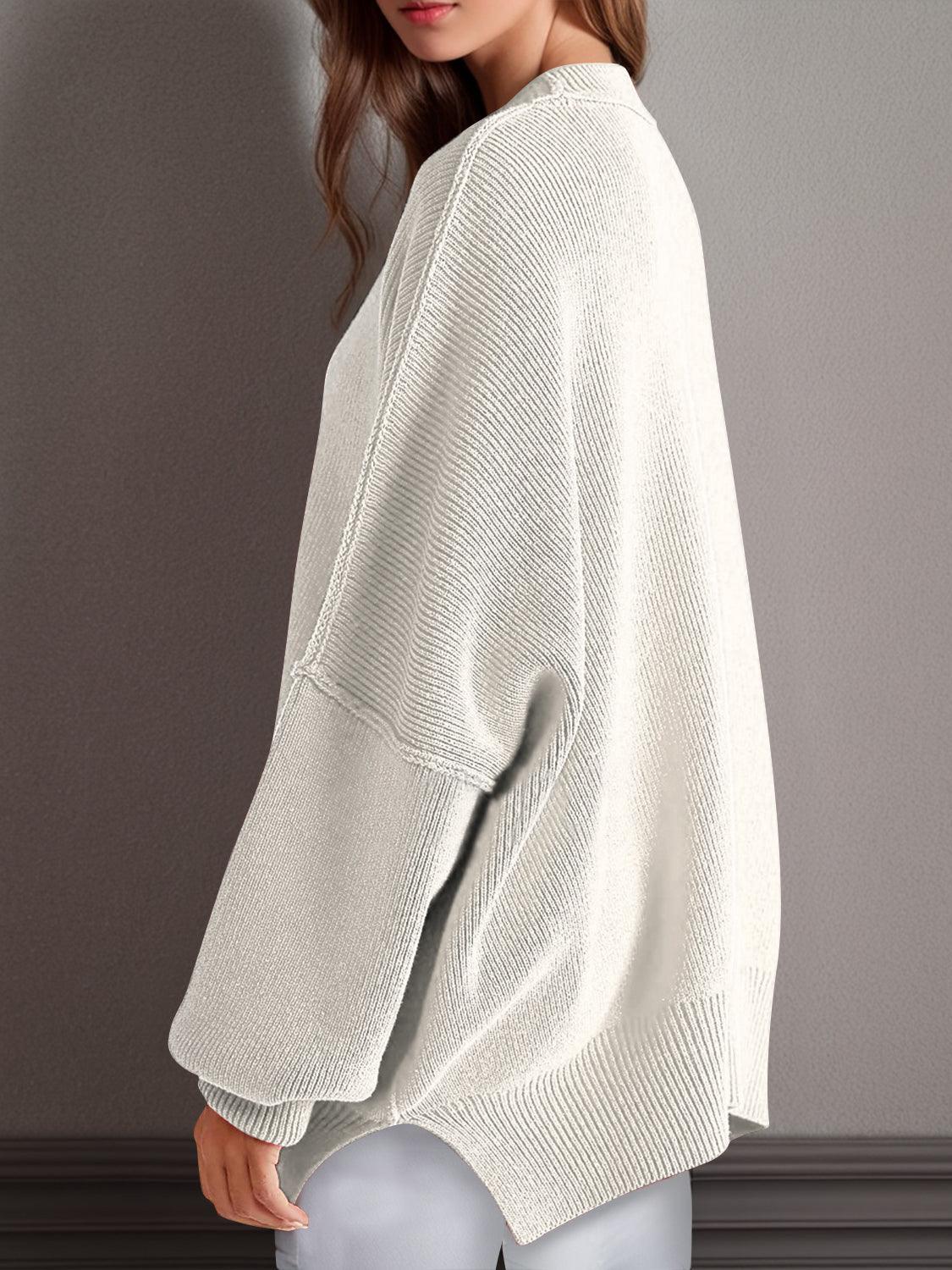 Double Take Side Slit Round Neck Long Sleeve Sweater - Curated by tt