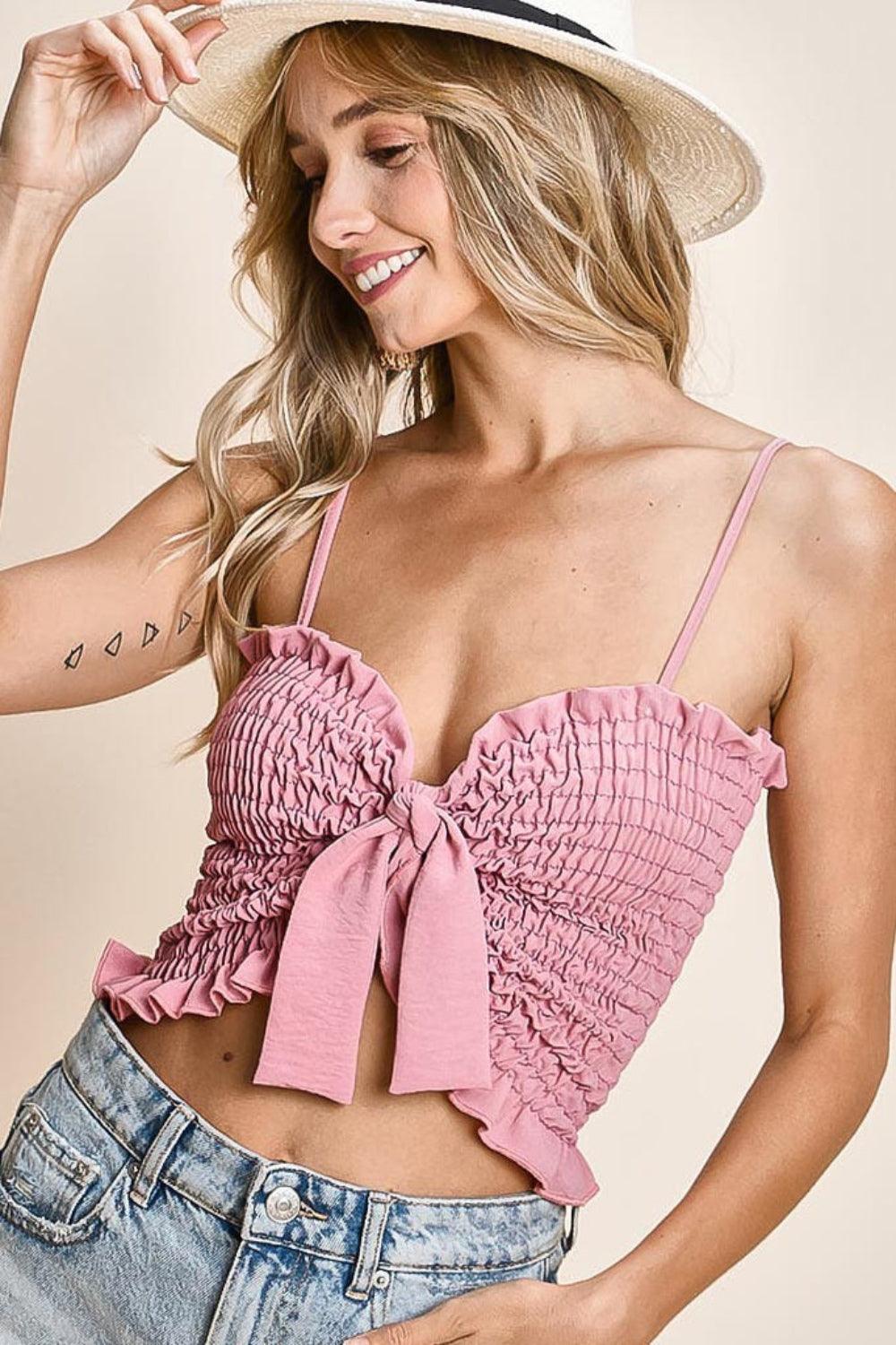 Ruffled Smocked Ribbon Detail Cami - Curated by tt