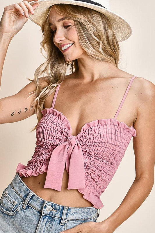 Ruffled Smocked Ribbon Detail Cami - Curated by tt