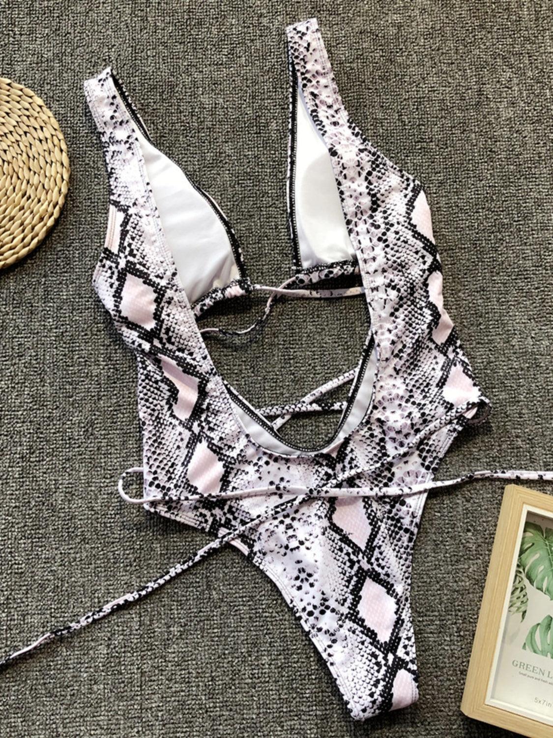 Lace-Up Backless Plunge One-Piece Swimwear - Curated by tt