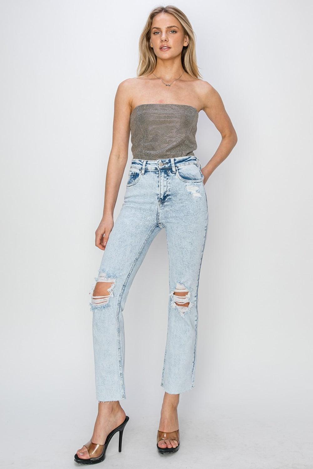 High Rise Distressed Ankle Jeans - Curated by tt
