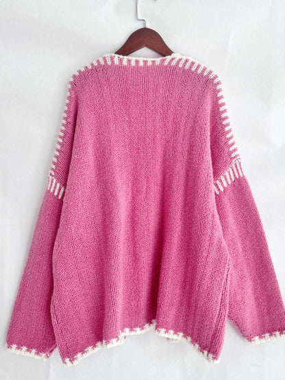 Double Take Contrast Open Front Dropped Shoulder Cardigan - Curated by tt