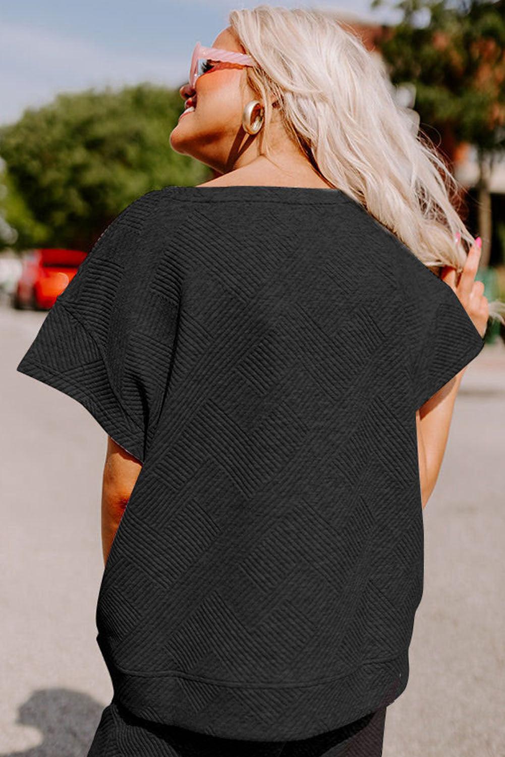 Black Textured Loose Fit T Shirt and Drawstring Pants Set - Curated by tt