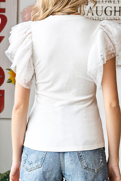 Ruffled Round Neck Cap Sleeve Blouse - Curated by tt