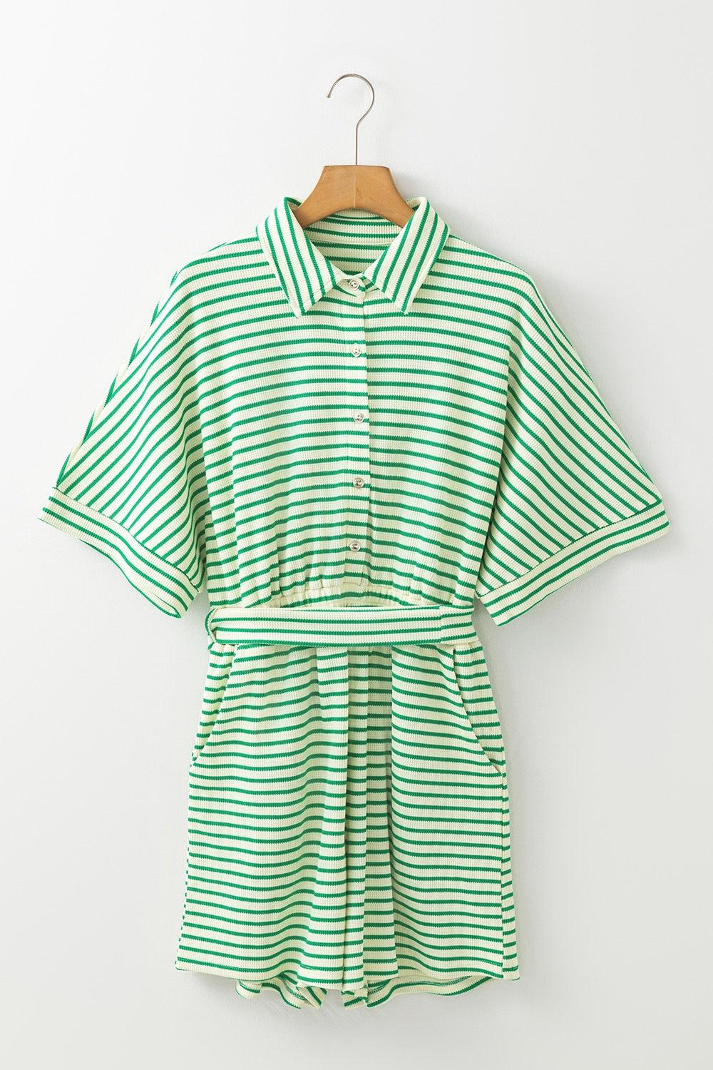 Striped Half Sleeve Tie Waist Romper - Curated by tt
