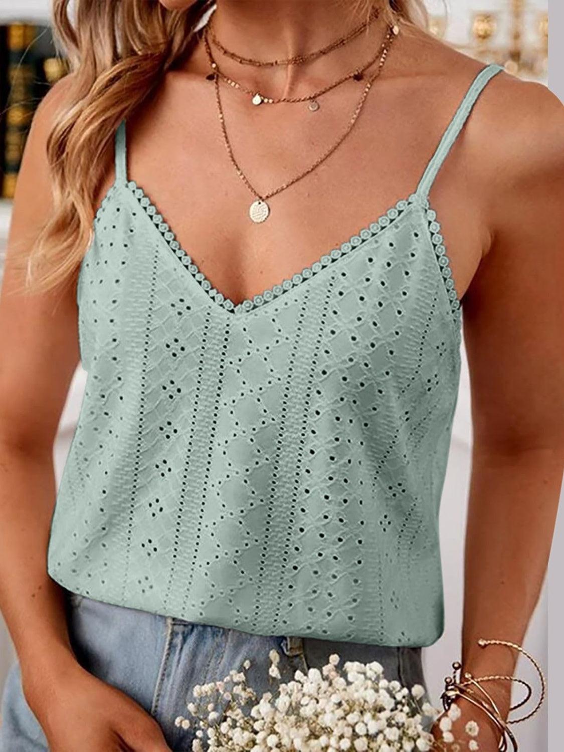 Eyelet Lace Detail V-Neck Cami - Curated by tt
